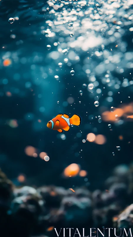 Bright clownfish drifts gently through shimmering blue water