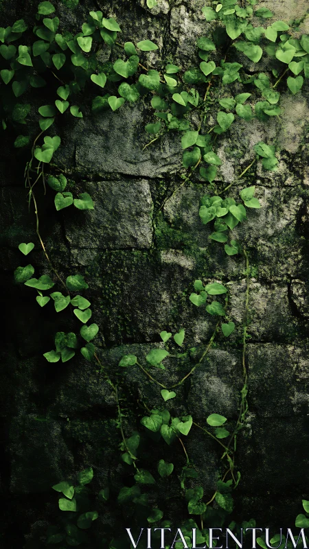 Climbing green ivy on aged stone wall in low light conditions.