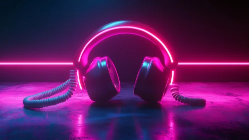 Neon pink over ear headphones on reflective dark surface.
