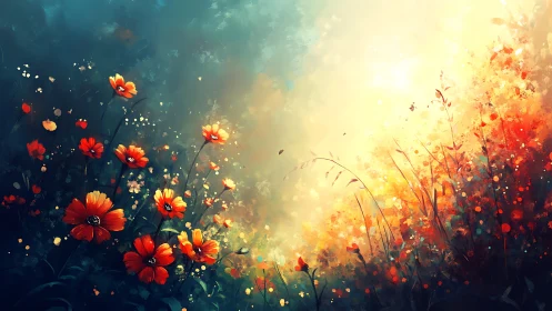 Red flowers bloom in golden light.