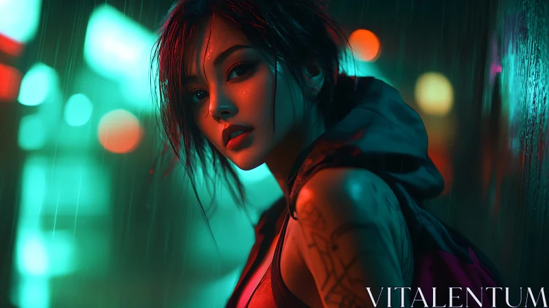 Neon rain silhouettes a cyberpunk woman in fierce resolve