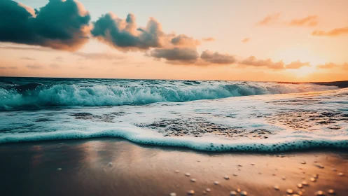 Sunset waves rolling onto wet sandy beach shoreline.