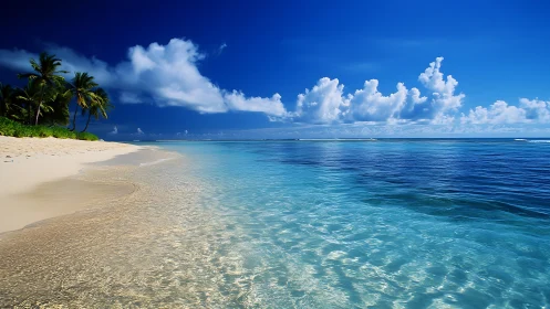Pristine tropical beach with crystal waters and white sand.