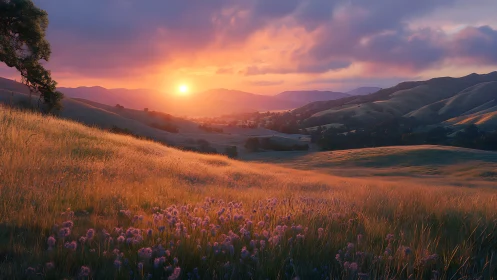Sunlit valley hills glow under a dramatic pastel sunset.