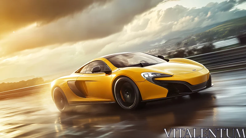 Golden supercar glides across wet asphalt under stormy skies