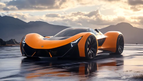 Sunlit supercar paused on a quiet mirrorlike shoreline.