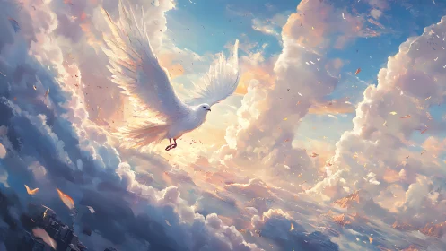High-detail white dove soaring through volumetric sunset clouds
