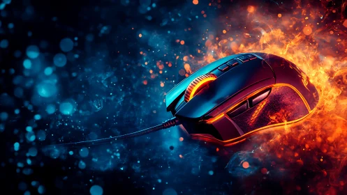 Gaming mouse surrounded by blue smoke and orange flames.