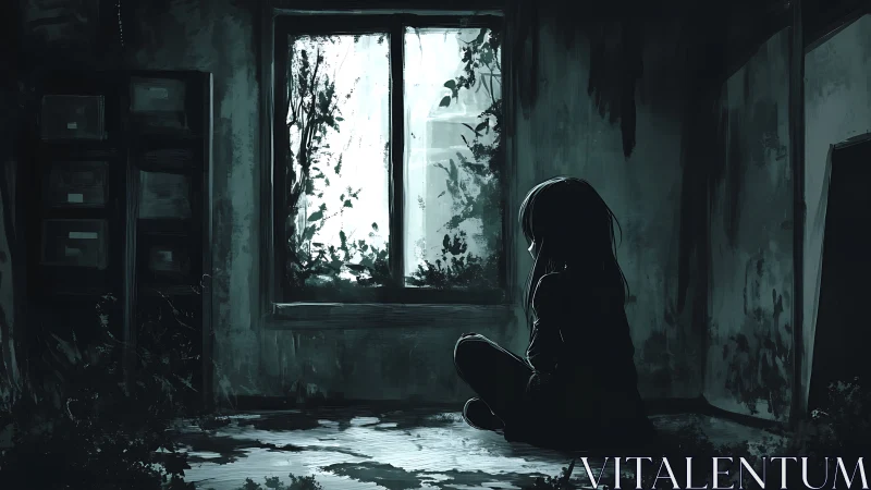 Solitary girl studies overgrown window in ruined room