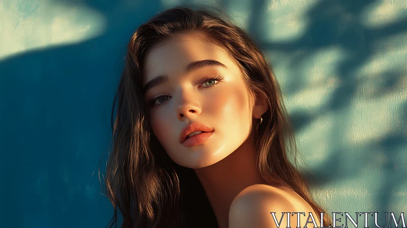 Sunlit portrait captures serene beauty against teal wall.