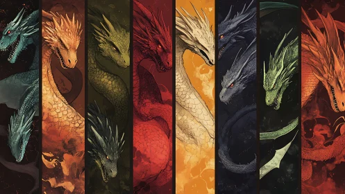 Elemental dragon portraits align in vertical color totems.