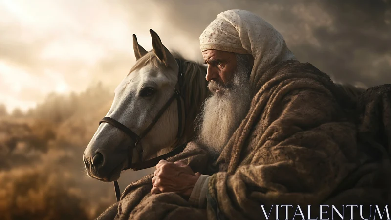 Desert elder resting with white horse at dusk.