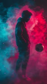 Silhouetted figure stands in colored smoke with floating soccer ball