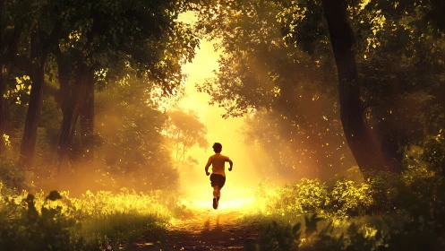 Runner races through sunlit forest tunnel of molten gold.