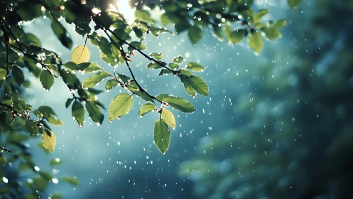 Backlit green leaves capture falling raindrops in shallow focus