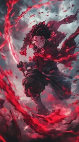 Stormbound swordsman whirls crimson fire through torn skies