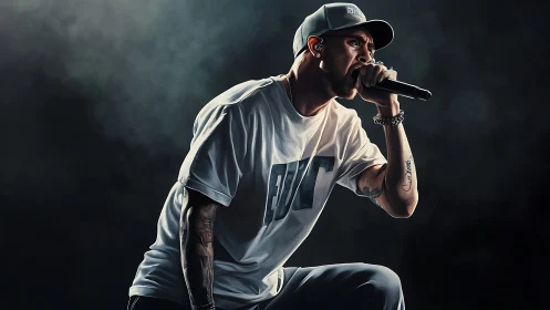 Rap vocalist commands stage under moody concert lighting.