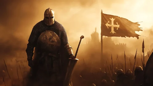 Armored knight before fortress amid battle haze.