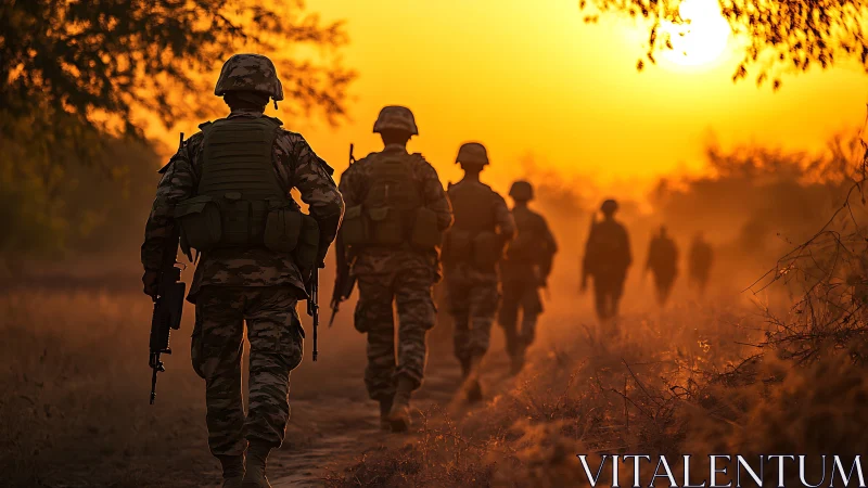 Soldiers patrol through dusty terrain at intense sunset light