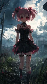 Gothic pink-haired girl in tattered dress on ruined city path.