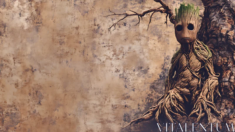 Lonely tree child broods against a weathered earthen wall.