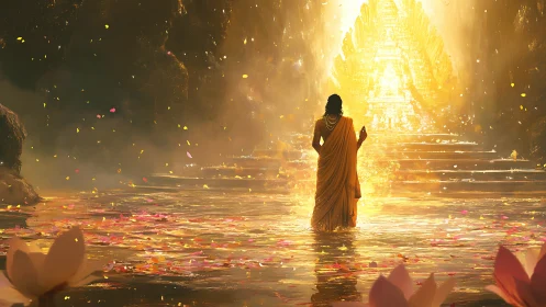 Figure in golden robe approaching radiant temple portal.