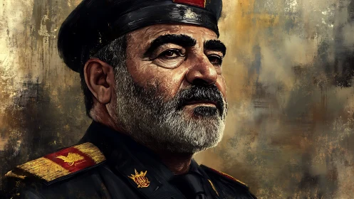 Oil portrait of stern officer in uniform against textured field.