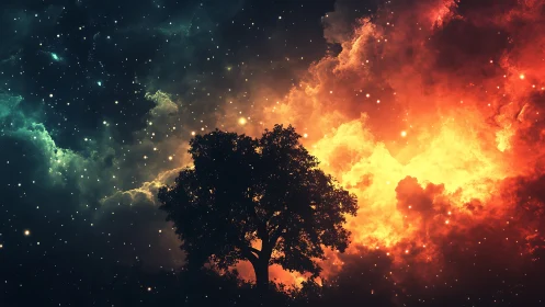 Silhouetted tree divides nebular sky with high contrast bicolor lighting