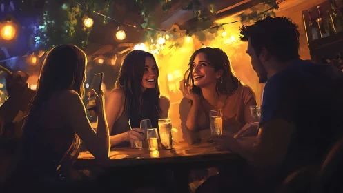 Friends Laughing at Cozy Bar Table, Warm Night Lighting, Digital Art.