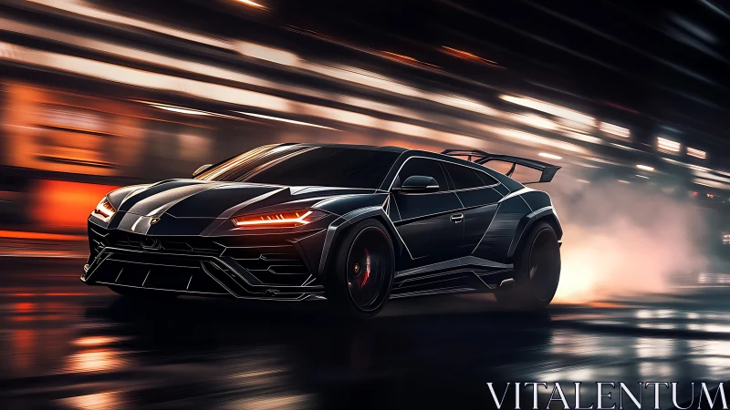 Midnight black super SUV drifts through neon tunnel