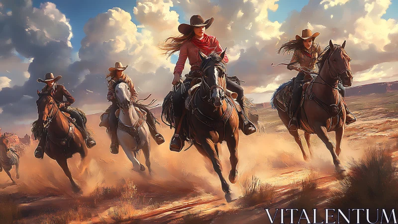 Digital painting of riding cowgirls in dynamic desert composition.
