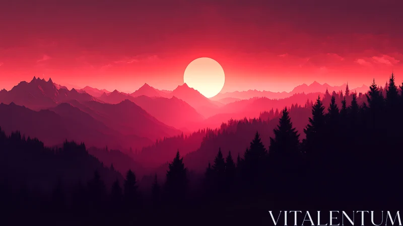 Crimson sun sinks behind layered alpine pine silhouettes.