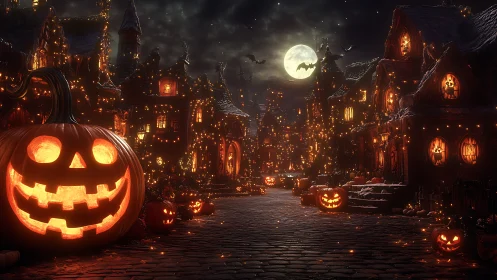 Jack-o-lantern street glows under full moonlit Halloween sky.