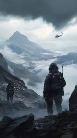 Stormbound recon team in misty glacial mountain valley.