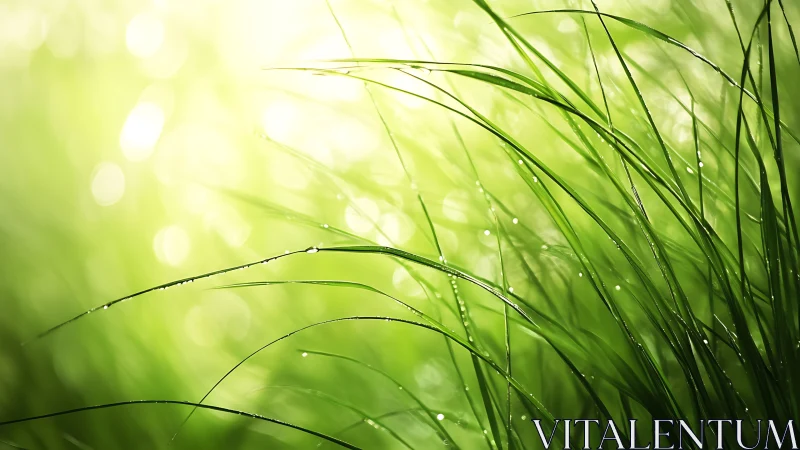 Dawnlit grass blades whispering in dewdrop green hush.