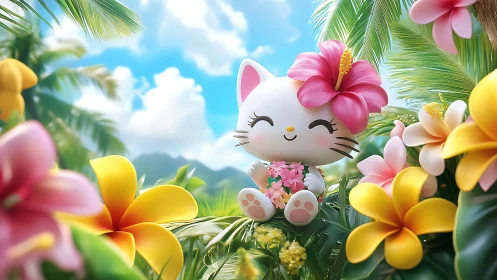 Tropical kawaii cat figurine amid lush plumeria blooms.