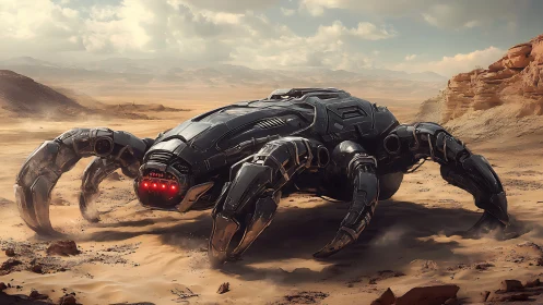 Futuristic spider tank prowls across windswept desert dunes.