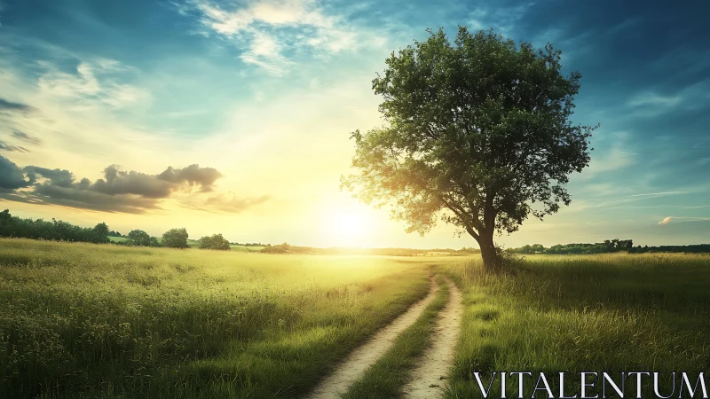 Sunlit country path curling toward a lone listening tree.