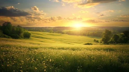 Golden hour over wildflower meadow and rolling farmland hills