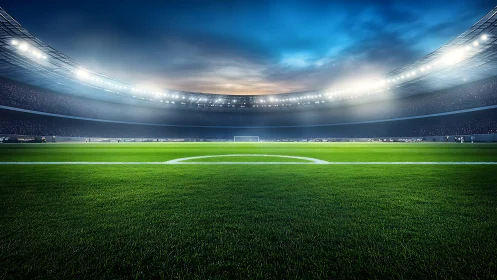 Floodlit soccer stadium with empty green pitch at dusk.