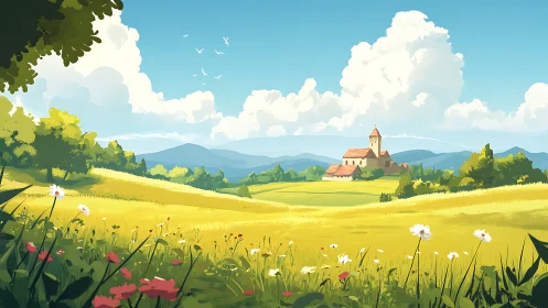 Sunny rural valley with church amid wildflower fields.