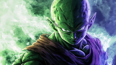 Intense green warrior rendered in high-contrast anime shading glow