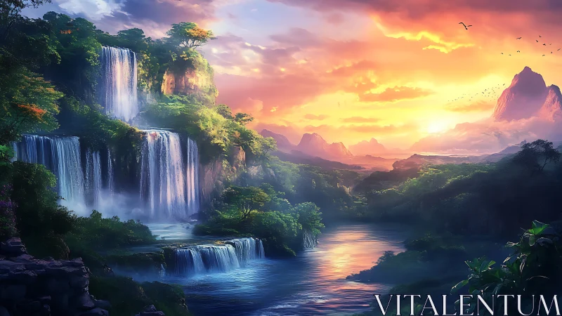 Layered rainforest cascades under volumetric sunset sky.