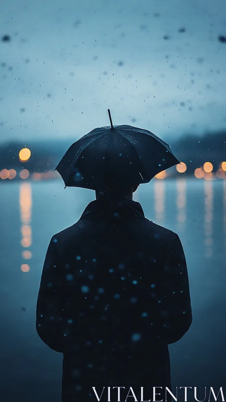 Gentle rain surrounds a lone figure standing quietly by water