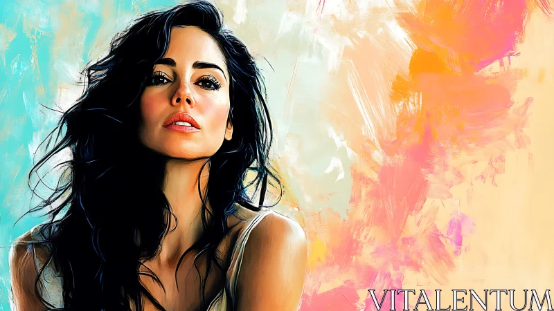 Digital painting portrait against expressive pastel abstract field.