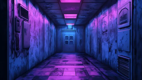 Neon lit industrial corridor with worn metal walls.