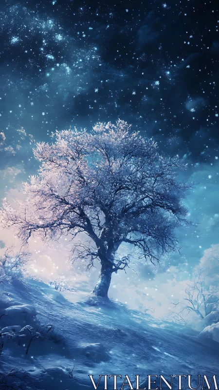 Snowy lone tree under starry blue winter night sky.