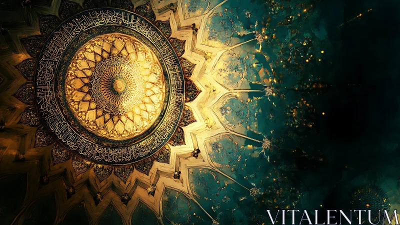 Islamic dome mandala glows with ornate golden calligraphy