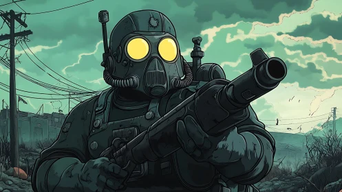 Lone wasteland guardian steps forward under eerie green skies