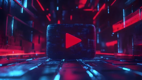 Futuristic YouTube Play Button in Neon Sci-Fi Digital Tunnel.